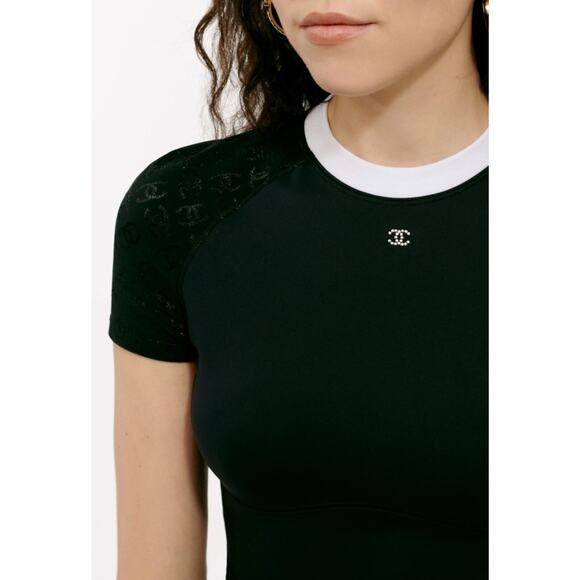 Chanel 24C Black White Crystal CC Logo Neoprene Stretch Jersey Top T Shirt 38 - Picture 7 of 16